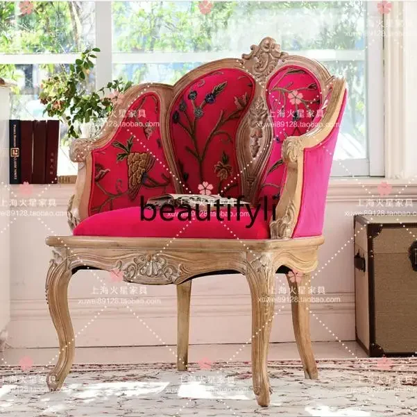 

American retro solid wood carving flower fabric single sofa living room bedroom leisure chair07