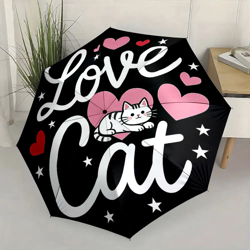 1PC Umbrella with Cute Cat and Heart Design Print 8 Iron Ribs Folding Umbrella Auto-Open Fashion Sunshade