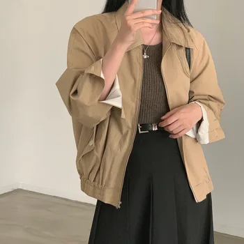 세련된 한국어 단순 몸집이 작은 야구 모자 짧은 재킷 얇은 버전 여성의 느슨한 유형 지퍼 클로저 코튼 질감 한 색상