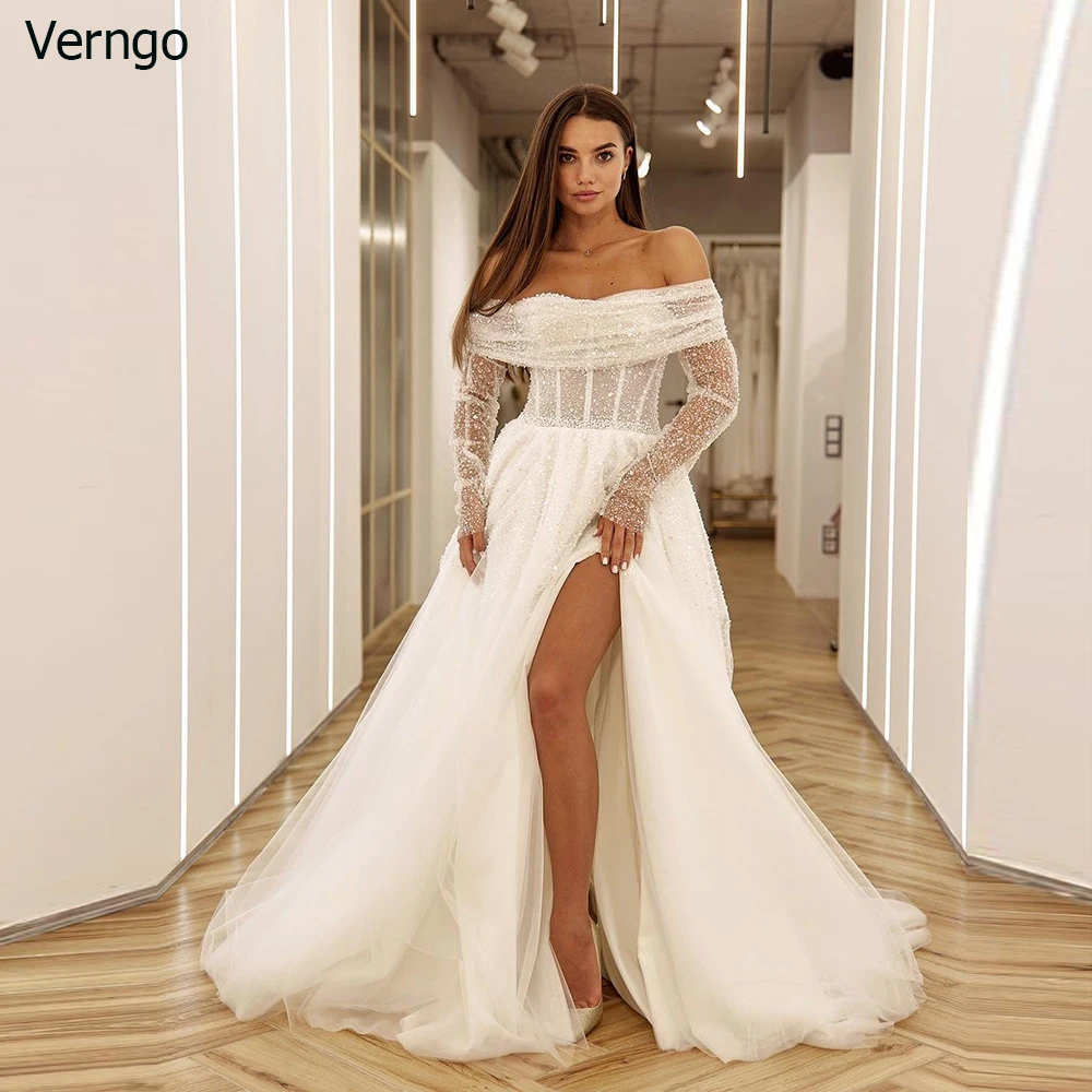 

Verngo Glitter Wedding Dress Strapless Off Shoulder Women Bride Gowns Sparkly Shiny Long Sleeves Tulle Split Vestidos De Novia