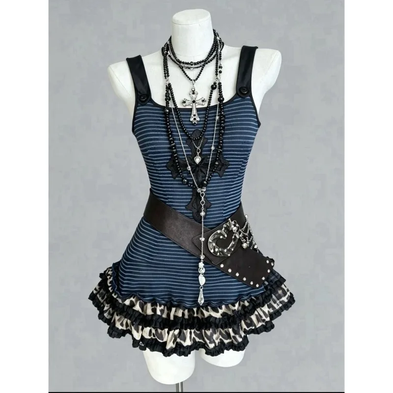 

Dark Y2k Alt Grunge Leopard Print New High Waist 2 Piece Sets Women Camisole Ruffle Mini Skirt Suits Harajuku Punk Daily Party