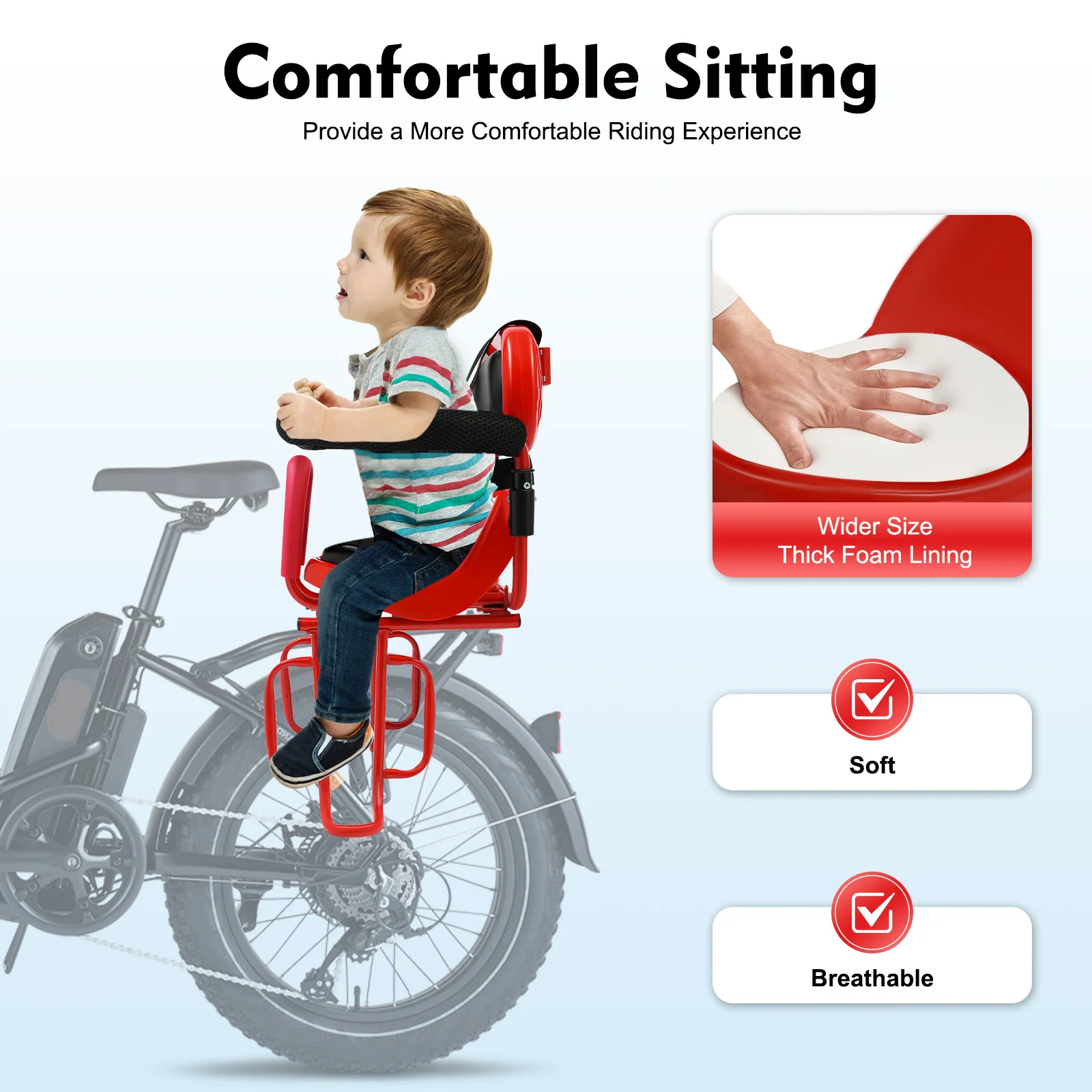 

Bike Child Safety Seat Rear Child Bicycle Seat with Safety Fence Foot Pedal & Seat Belt for Baby Toddler Child Universal Red