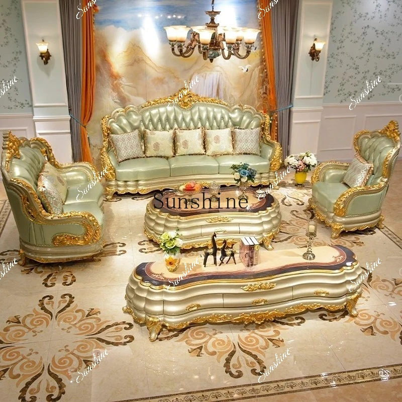 European-style living room combination small apartment light luxury solid wood sofa high-end luxury villa champagne color TF