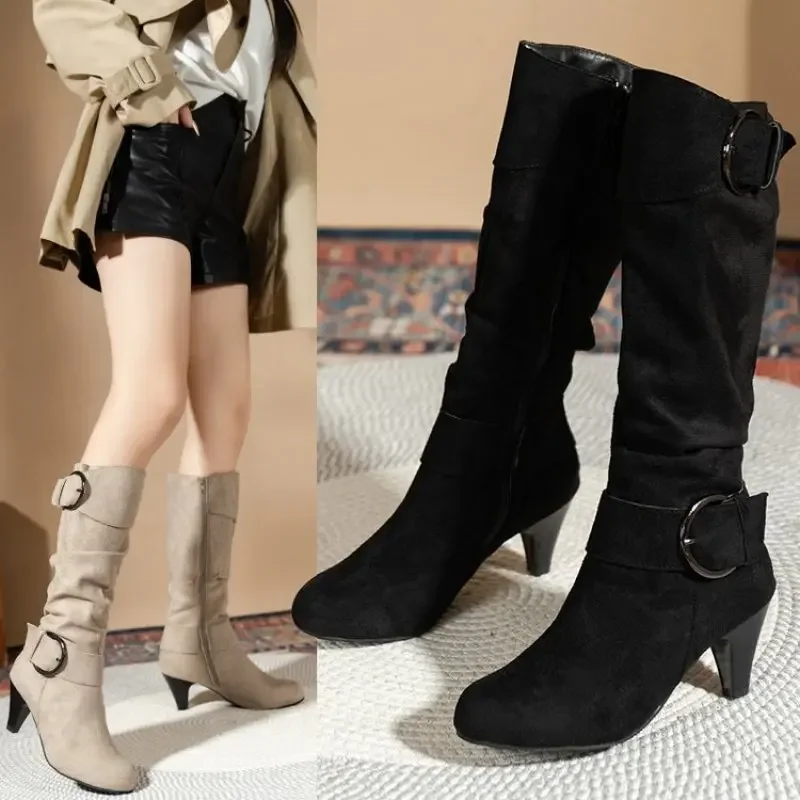 Knee-high Zipper Women\'s Modern Boots Women\'s Shoes High Quality New Pointed Toe Solid English Style Fashion Casual Plus Size 43