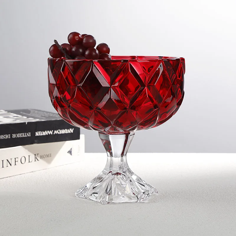 

Emed Crystal Glass Fruit Plate High Footed Red Creative Candy Bowl Wedding Sugar Fruit Tray Dry Fruit Plate