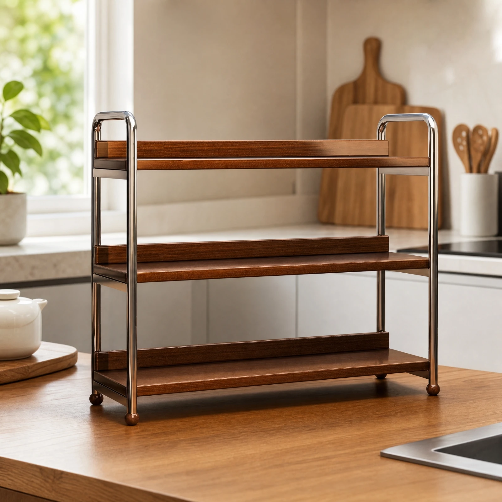 Tabletop Storage Rack Easy-Access Multi-Level Countertop Rack Tiered Kitchen Organizer with Rails Multifunctional