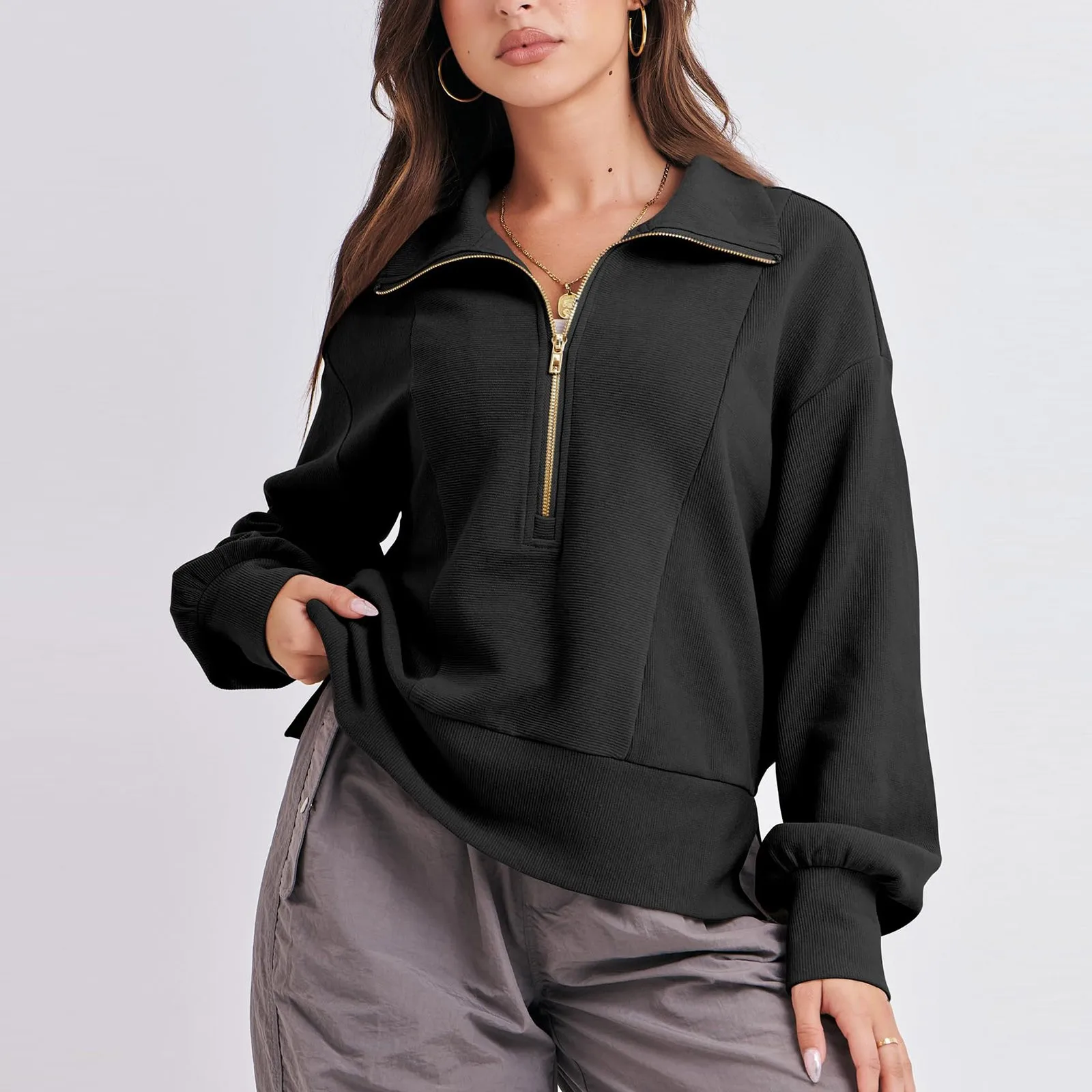 

Women Sweatshirt Solid Color Turn Down Collar Zipper Pullover Tops Spring Autumn Athletic Sports Hoodies Long Sleeve Sweatshirt