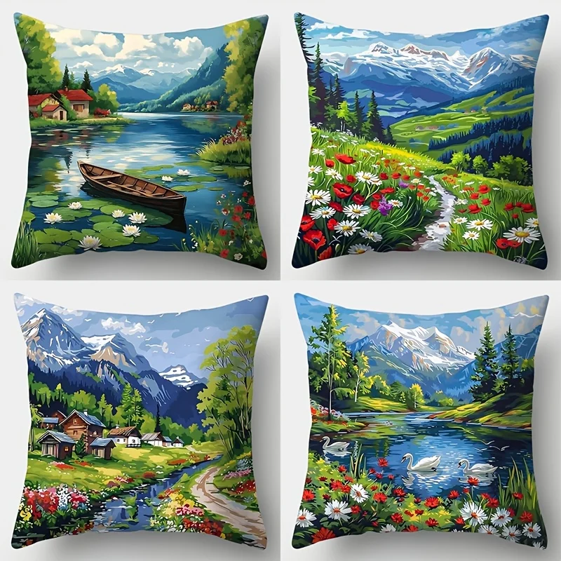 4Pcs Scenic Landscape Pillow Covers 45x45cm Double-sided Printed Lake Mountain Flower Cushion Cases Home Decor No Insert