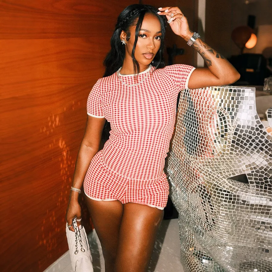 

STYLISH LADY Red White Gingham 2 Piece Set 2026 Summer Women Crew Neck T-Shirt And High Waist Shorts Casual Outfit
