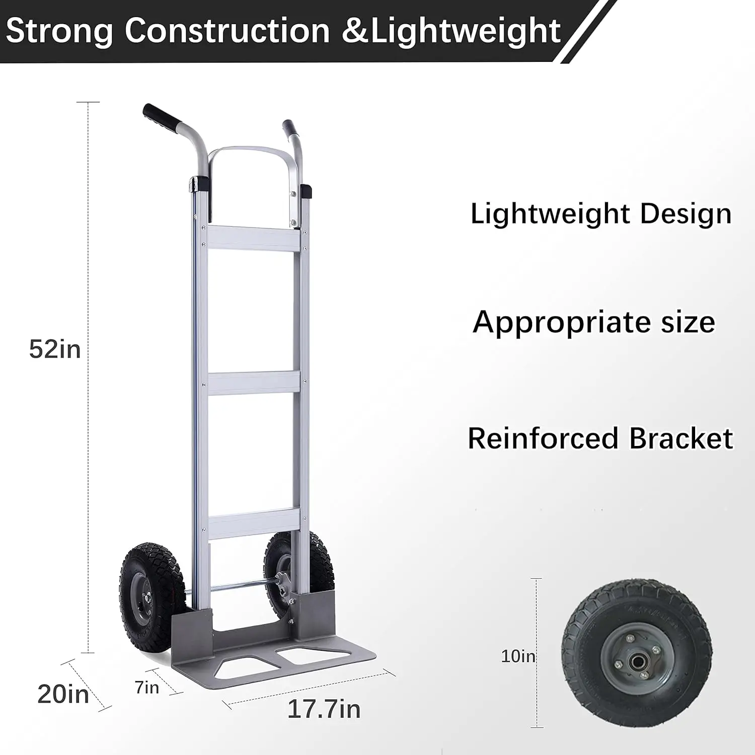 Hand Trucks Heavy Duty with 10“ Rubber Inflatable Wheels,2 Wheel Dolly 550lbs Capacity