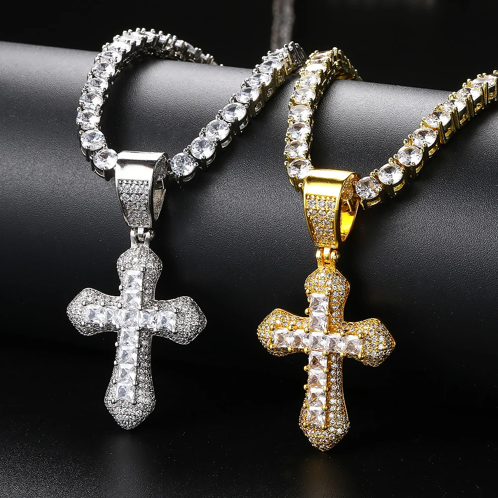 

Iced Out Tennis Cross Pendant Necklace for Men Women Homme Chain on Neck Hip Hop AAA+ Zirconia Gold Color Hippie Jewelry OHP141