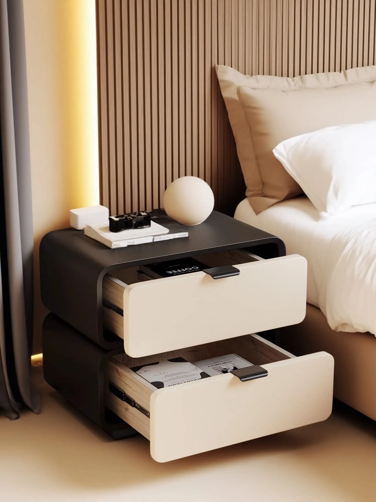 For Solid wood bedside table Italian minimalist 2025 new cream wind black floor bedside table free installation