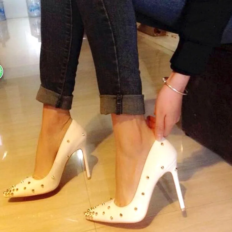 2018 Spring New Fashion Golden Rivets Women Sexy Shallow High Heels Pointy Toe Ladies 12CM Pumps Slip On Female Party Stiletto