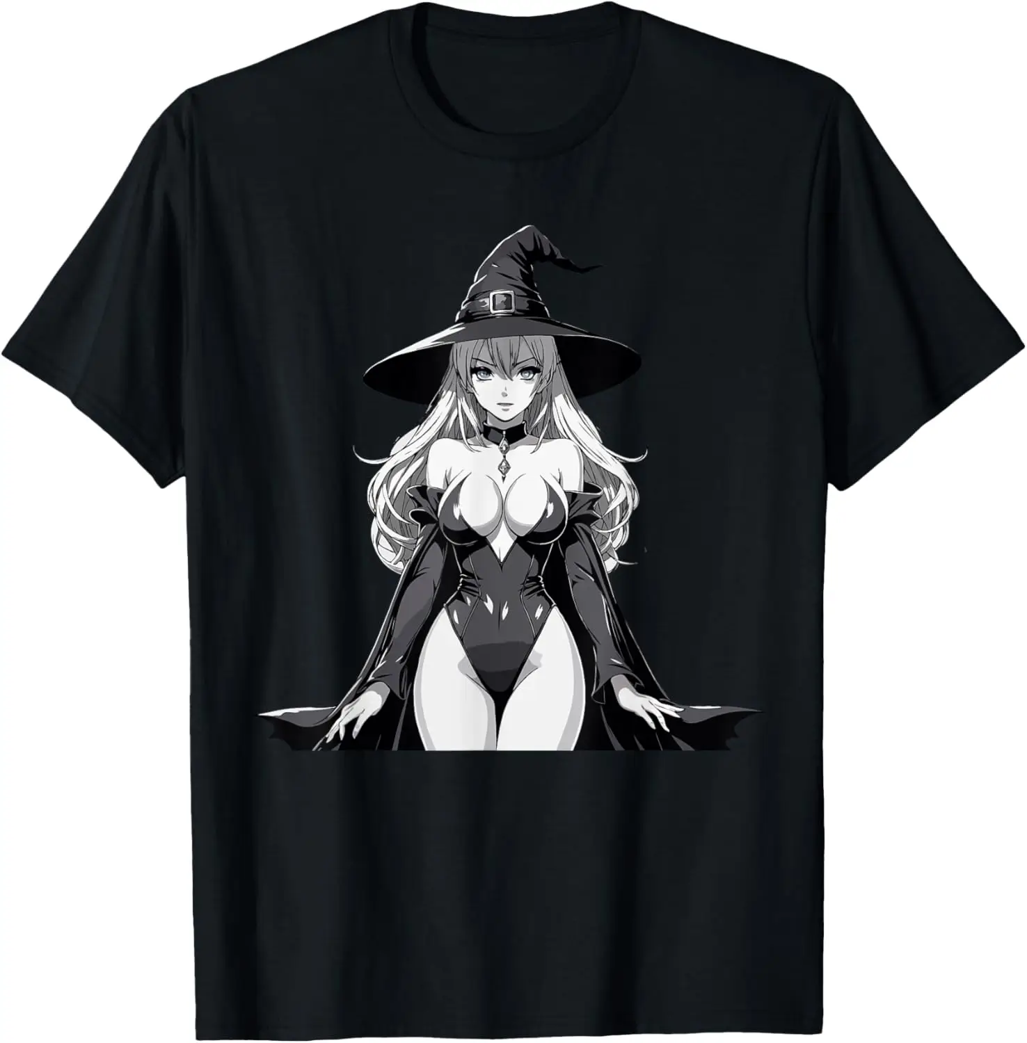 

Sexy Waifu Witch Anime Girl Japanese in Black and White Art T-Shirt