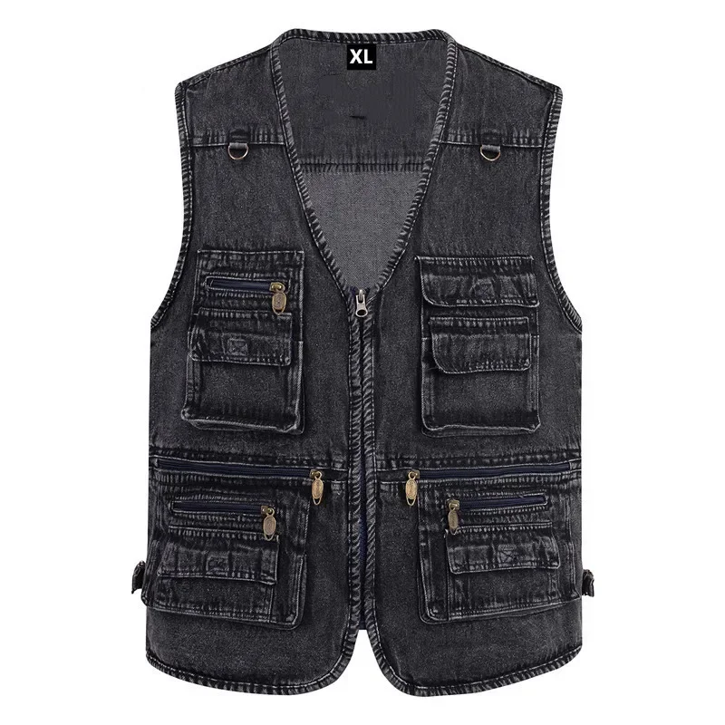 2024 Men's Multi-Pocket Cotton Denim Vest Autumn Multi-Functional Outdoor Fishing Photography Casual Vest