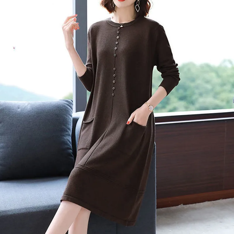 2024 Women Knitting Sweater Dress O-Neck Pullover Pockets Buttons Solid Casual Oversize Vestidos Office Lady Bottom Clothes