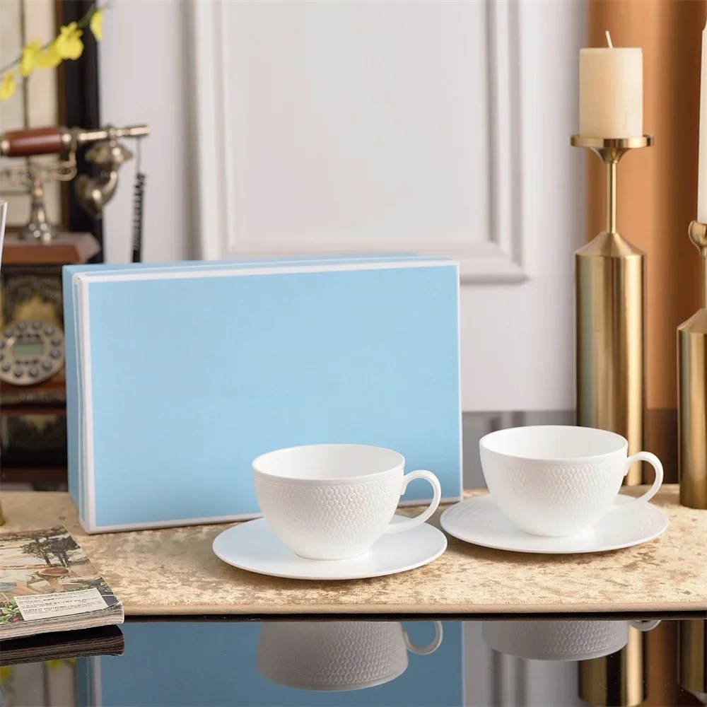 European Royal White Honeycomb Relief Ceramic Dining Plate Household Light Luxury Coffee Cup and Saucer set Rice Bowl Mug Teapot