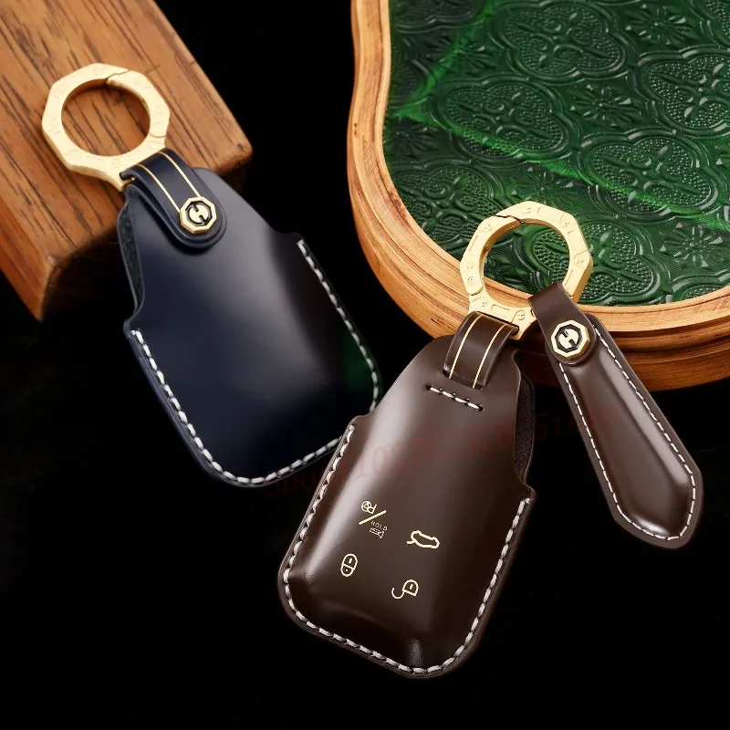 High-End Personality Genuine Leather Key Case Cover Protective Shell Bag Keychain For Hongqi Red Flag HS5 HS7 H9 Car Accessories