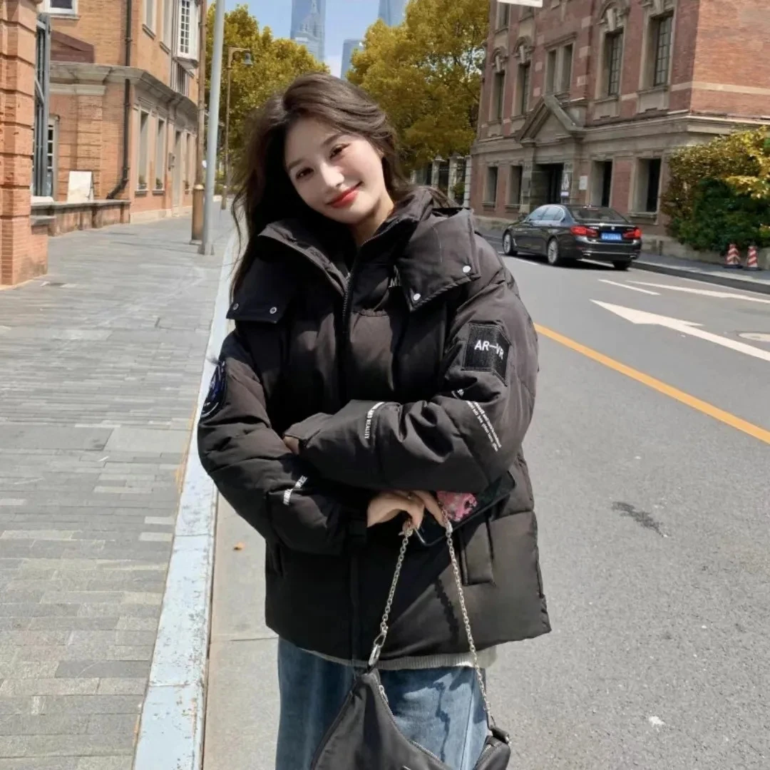New Winter Down Cotton Jackets For Women Loose Streetwear Fashion Contrast Hooded Warm Parkas Pocket Tooling Jacket Coats