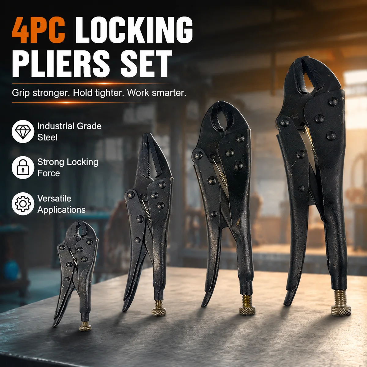 4-Piece Locking Pliers Set, Heavy-Duty Adjustable Self-Locking Clamp Pliers for Pipe, Welding and Workshop Use