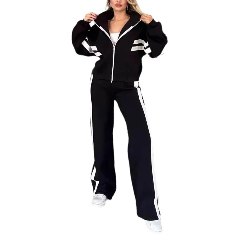 Y2K Two Piece Set Women Fashion Striped Print Lapel Zipper Coat High Waist Pants Outfit Autumn Winter Long Sleeve Suit Tracksuit