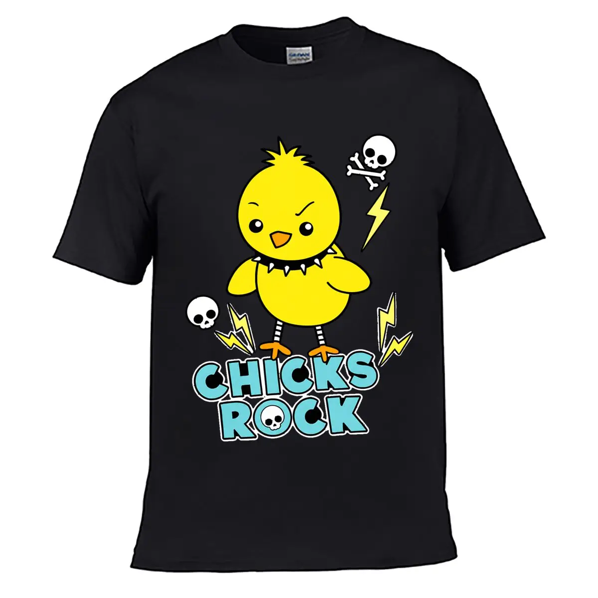Chicks Rock Punk Yellow Chick Skull Lightning Loose T-shirt Casual Tee