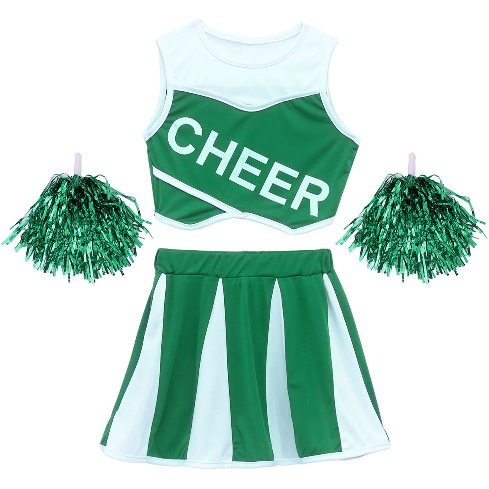 

Kids Cheerleader Competition Uniform Girls Contrast Color Sleeveless Top and Skirt with Hand Pom Poms for School Events Party