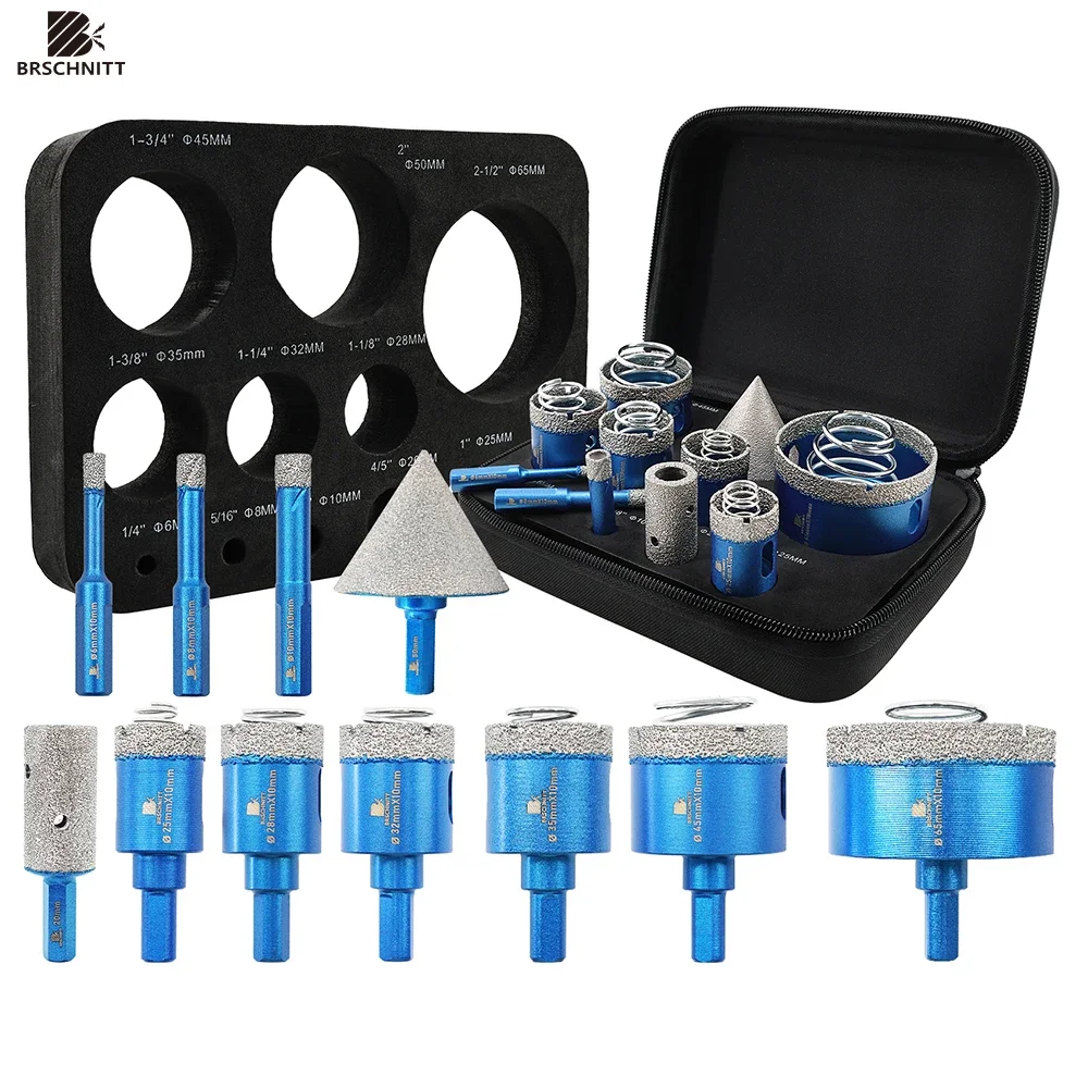 BRSCHNITT 11pcs Diamond Drill Bit Set 6-65MM Ceramic Tile Hole Saw with Spring for Tile Marble Granite Stone Porcelain