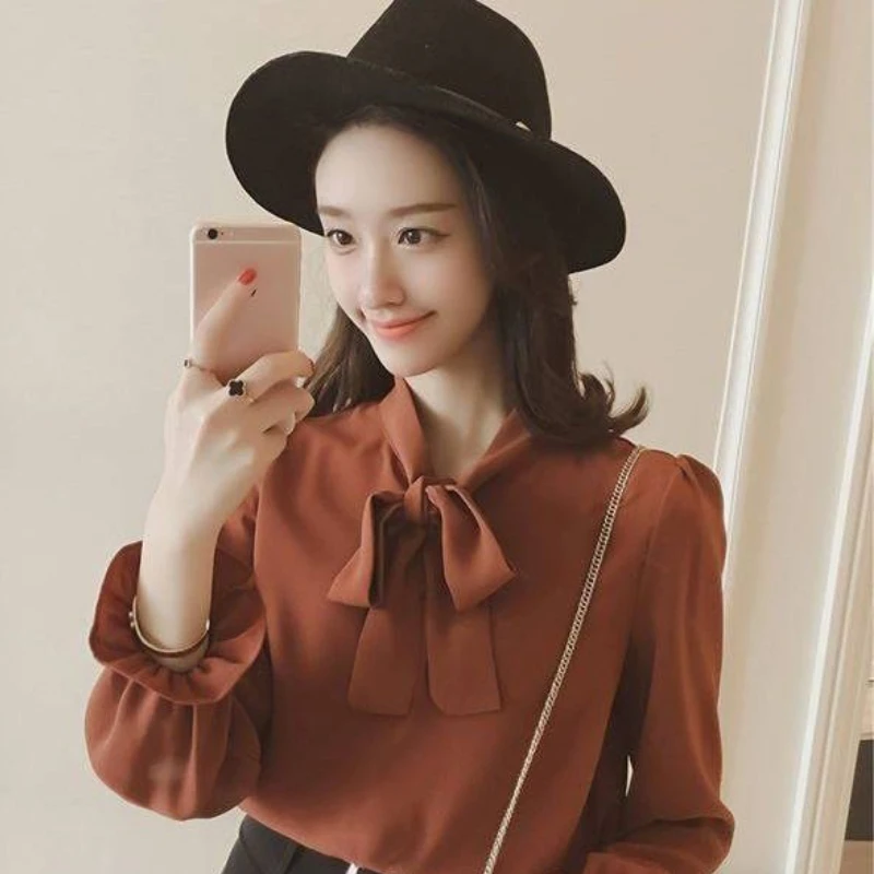 Hot Sale Blouse Women Elegant Fashion Bow Autumn Long Sleeve French Style Casual Vintage Female Feminine Daily Solid Breathable