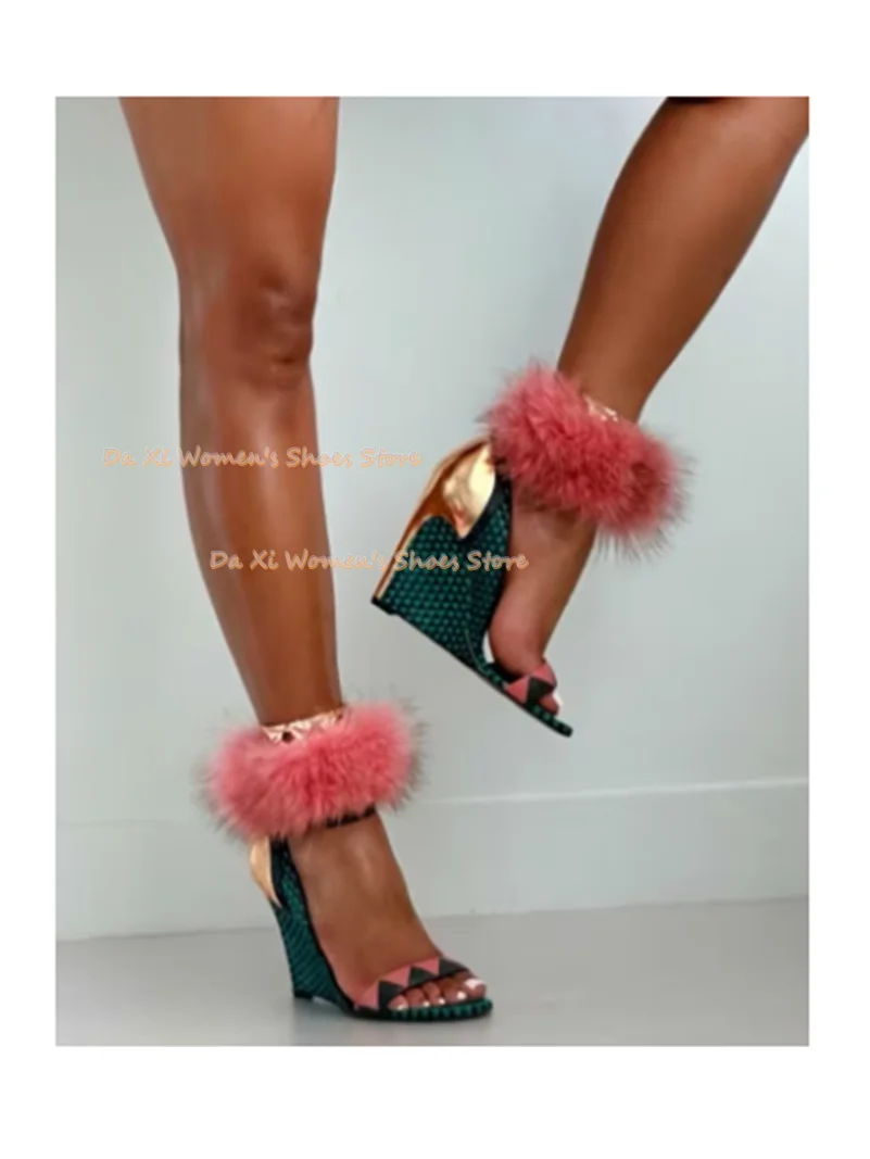 Furry Ankle Cuff Wedge Sandals Geometric Color Block Open Toe Platform Wedge Heel Sandals Pink Fur Decor Party Nightclub Shoes view 4