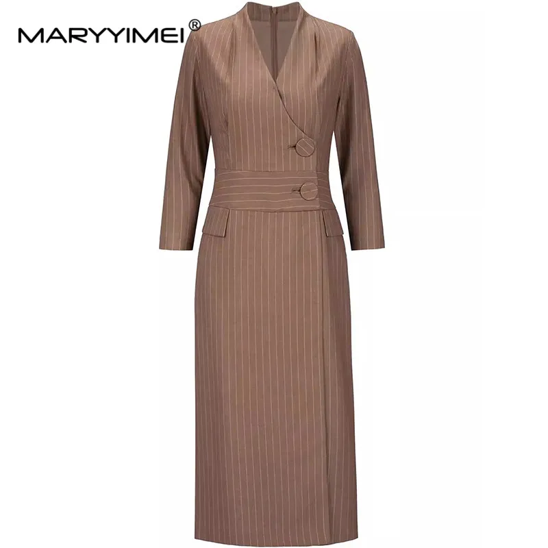 

MARYYIMEI Autumn and winter Women's Straight Striped Dress Three Quarter Sleeve Button V-neck fashionable and elegant Dresses