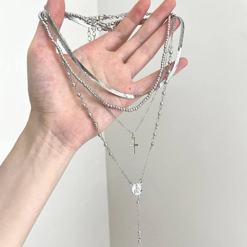 

High-end Fashion Silver Cross Fringed Multi-layer Necklace Niche Vintage Stacked Collarbone Chains Jewelry Halloween Luxury