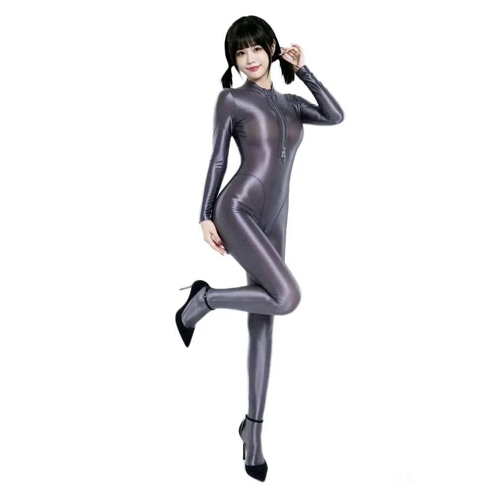 Women Zipper Open Bust & Crotch Bodysuit Yoga Shaping Elastic Tight Jumpsuit Satin Smooth Glossy Silky One-Pieces Maid Leopard