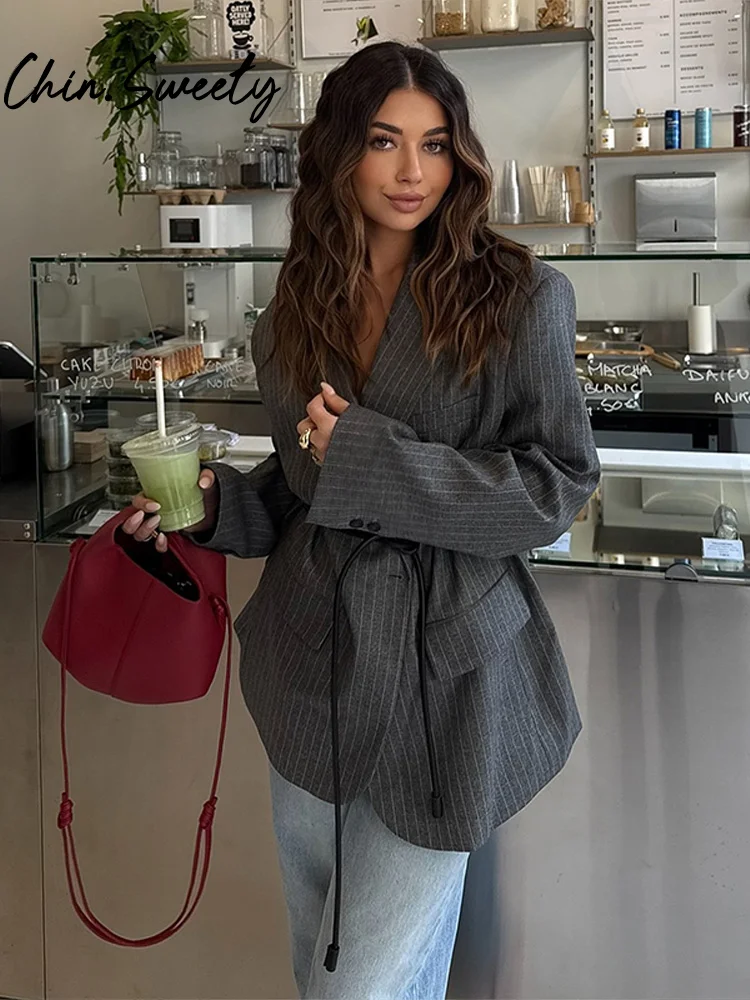 سترة نسائية مخططة غير رسمية معاطف نسائية بأكمام طويلة وياقة مقلوبة وجيب مزيف ملابس خارجية للسيدات لربيع وخريف 2025