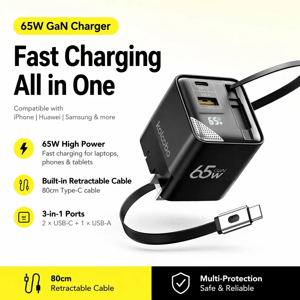 Carregador Rápido GaN de 65W com Três Portas USB-C e Cabo Retrátil Tipo C de 80cm Integrado para iPhone 16 15 14 13 Xiaomi Samsung