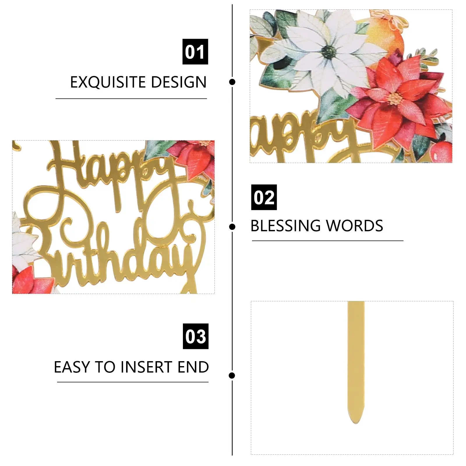 

3Pcs Acrylic Flower Cake Picks Floral Garland Design Birthday Cake Toppers Party Dessert Decor Birthday Dessert Topper