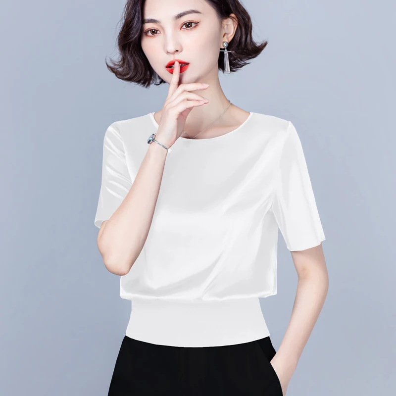 Summer Simple White Black Short Sleeve Silk Blouse Women Shirts Korea Office Ladies Work Party Blouses Female Slim Casual Tops