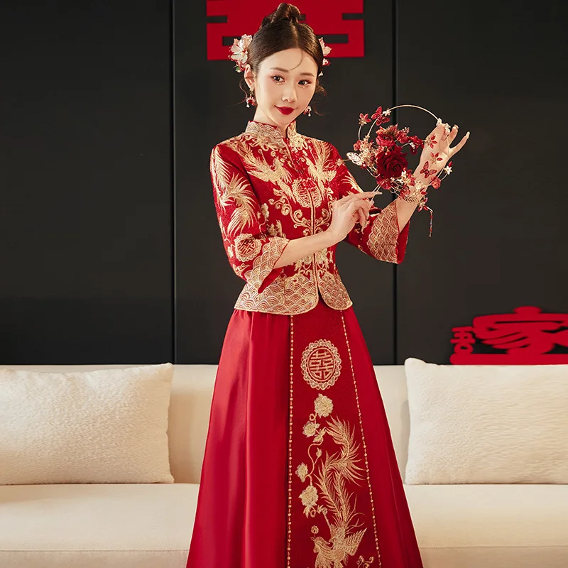 Chinese Traditional Red Gold Xiuhe Suit Bridal Wedding Dress Phoenix Embroidery Oriental Bride Costume Set