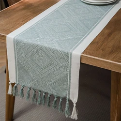 Chemin de Table Géométrique Jacquard Vert Nordique, Nappe de Campagne, Décor de Couverture de Table à Manger