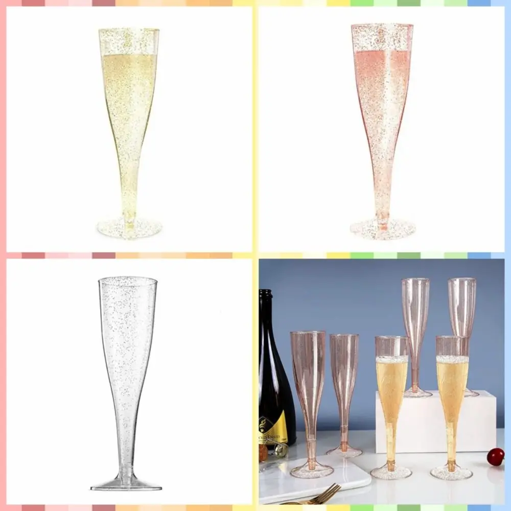 10pcs Anti-fall Disposable Champagne Flute with Gold Sequins 4.5OZ/135ml Plastic Champagne Goblet Slim Wine Cup Toasting