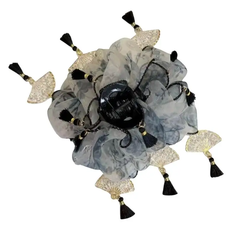 Haarspange aus Chiffon mit Tintendruck, goldenen Fächeranhängern und schwarzen Quasten für Hanfu, passend für den täglichen Gebrauch und traditionelle Anlässe – Detail 7