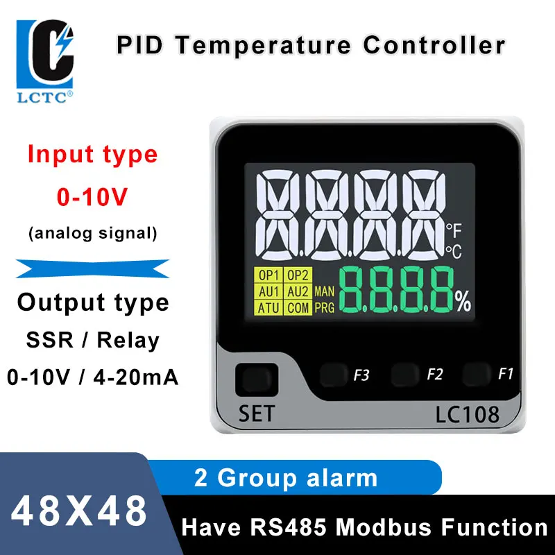 LCTC PID Temperature Controller SSR/Relay/4-20mA/0-10v Output PID Regulator 0-10V Analog Input LCD RS485 48x48mm Panel LC108
