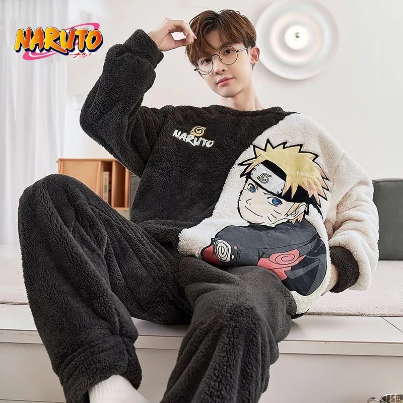 

Naruto Coral Velvet Pajamas Men Winter Thickened Flannel Home Clothes Suit Cartoon Anime Sasuke Round Neck Sleepwear Set Male