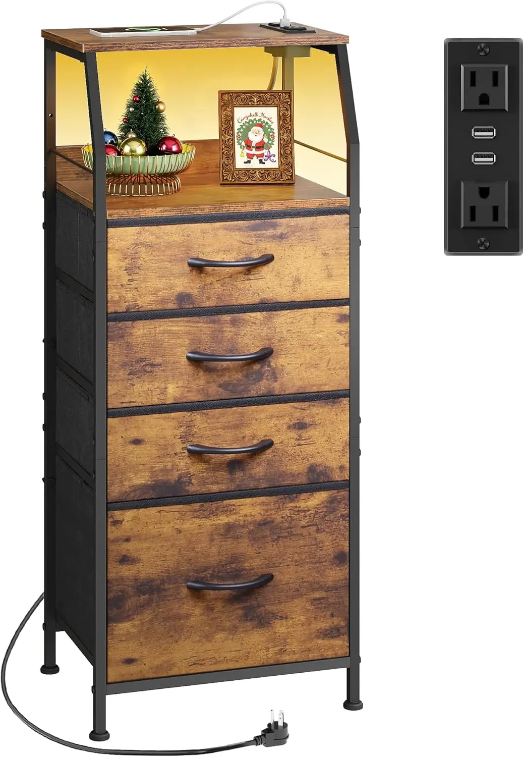4 Drawer Dresser for Bedroom, 37' H Nightstand with Charging Station and Led Light, Tall Night Stand Bed Side Table, End
