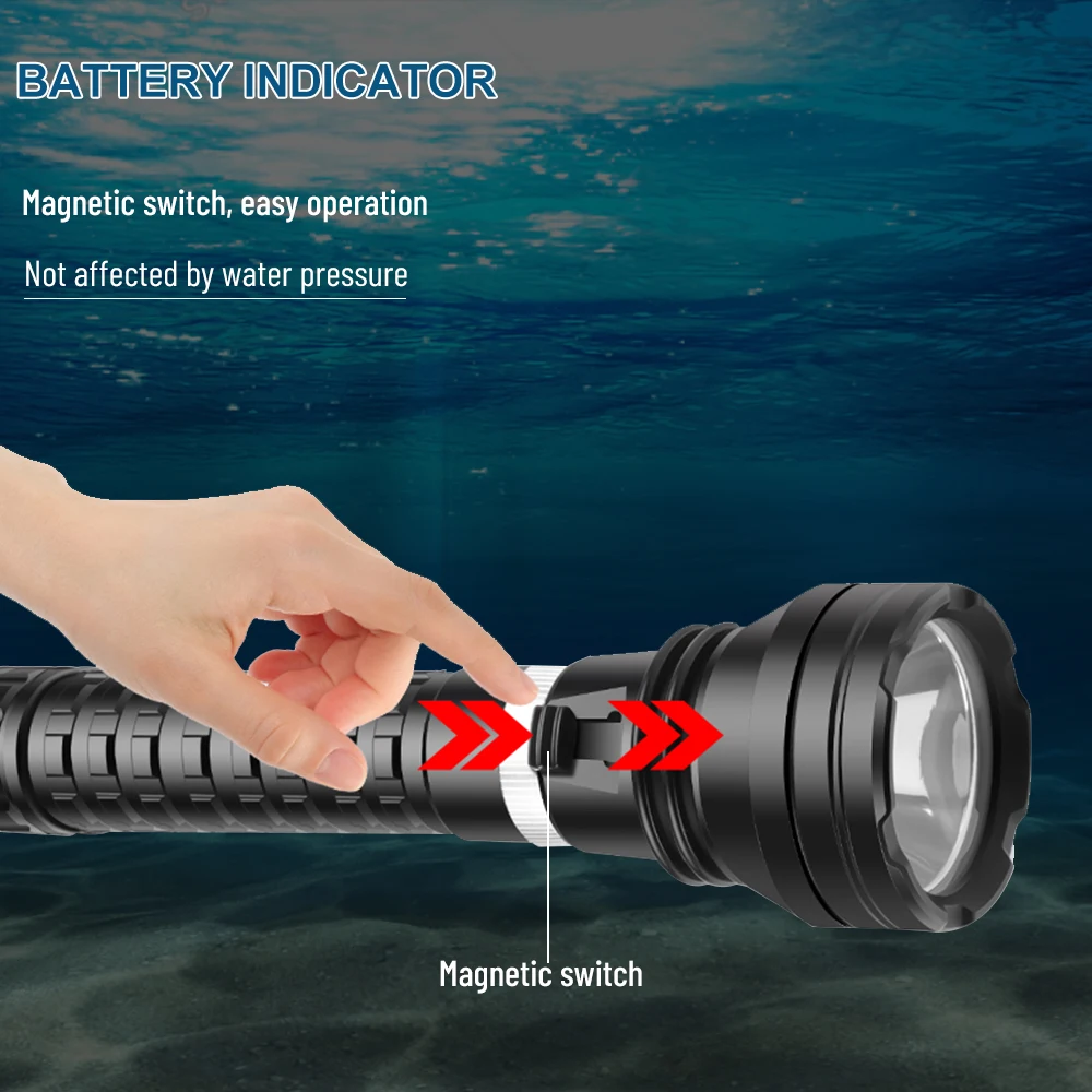 Asafee XHP70 LED 50M Underwater 2000LM 300M Range Diving Flashlight Magnetic Switch 1 High Light Mode Lamp IPX8 Waterproof