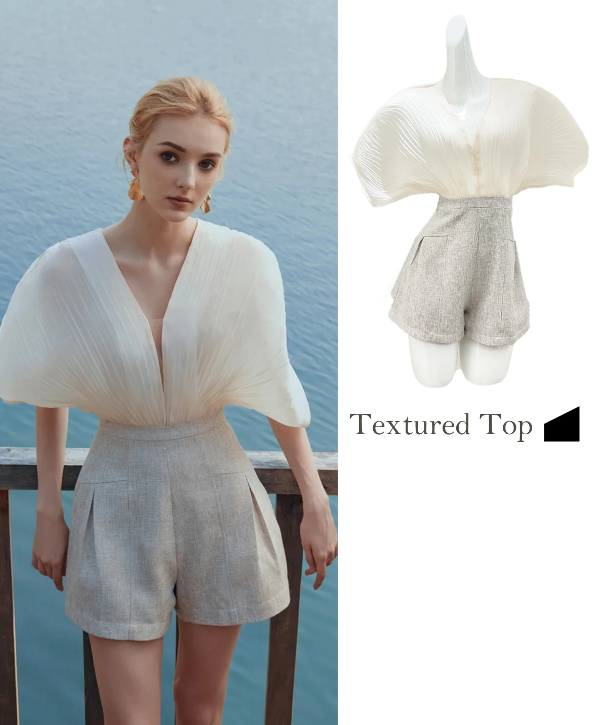 

FWRD Белый плиссированный топ с летающими рукавами и светло-серыми шортами, женский белый плиссированный топ с летающими рукавами в банкетном стиле # FWRD0054