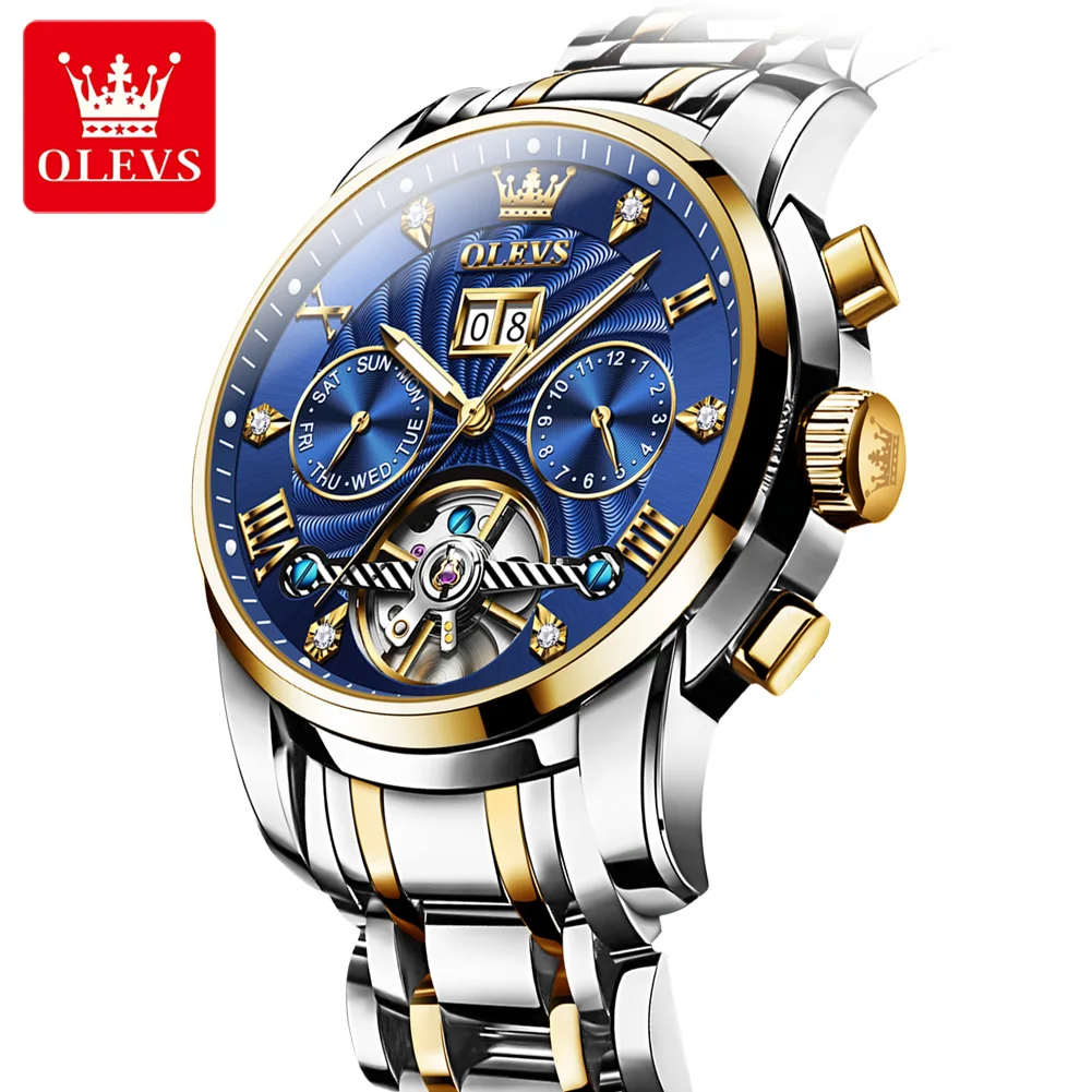 

OLEVS брендовые модные синие механические часы для мужчин, водонепроницаемые светящиеся часы из нержавеющей стали с датой, роскошные автоматические часы с турбийоном