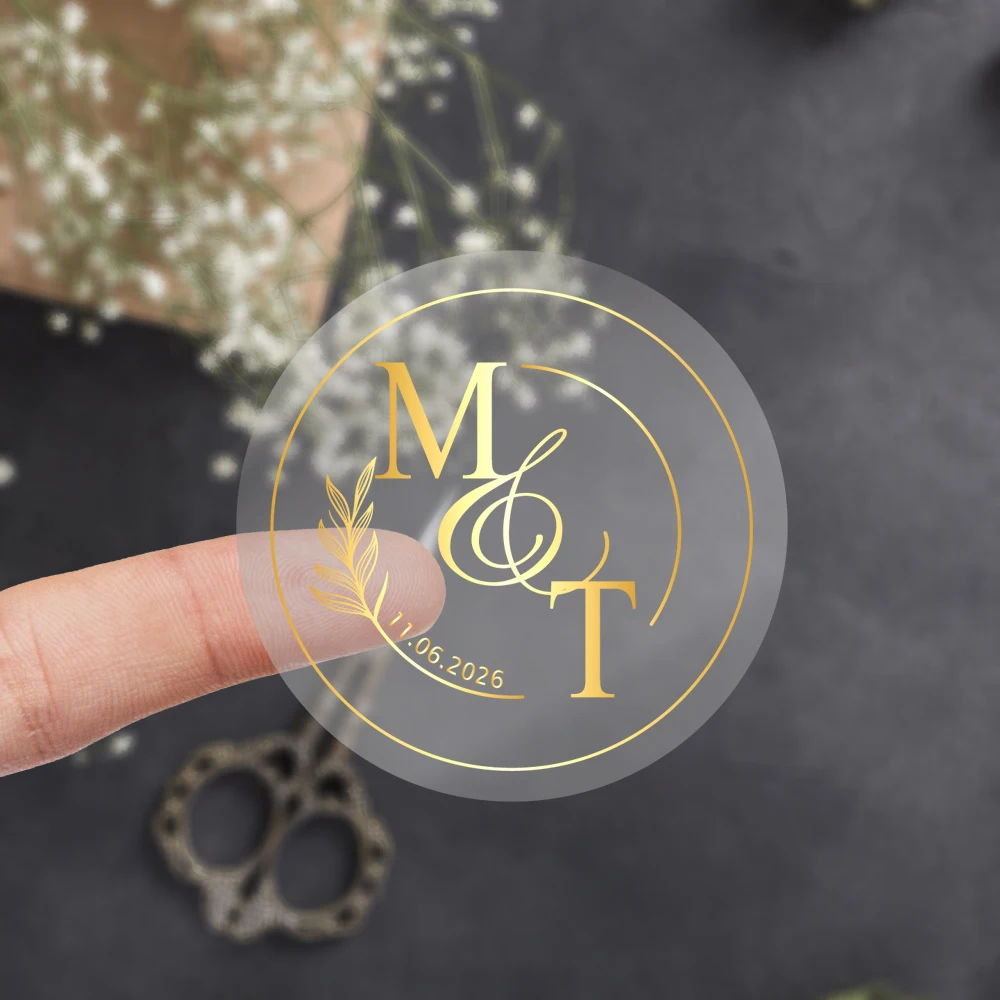 

50pcs Round Transparent Label Sticker, Personalized Sticker Label, Custom Wedding Stickers with Monogrammed Date, Gift Sticker