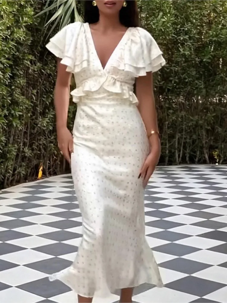 

Fashionable Temperament Elegant Ruffled V-neck Slim Waist-hugging Dress Floral Print Trendy V-link Low Cut Vestidos Vacation