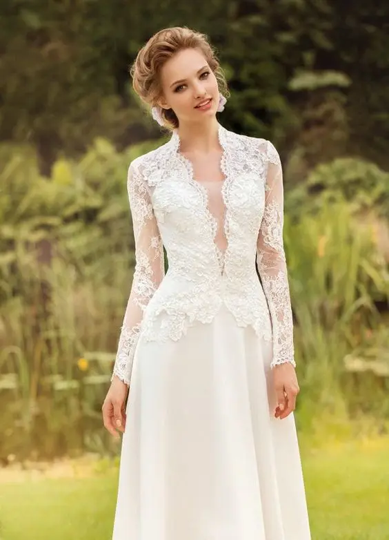 Elegante Lange Mouwen Trouwjurken 2020 Lace Lange Vestidos De Novia Bruid Jurk Robe De Mariee A-lijn Wit Ivoor Floor lengte